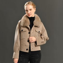 Fur Jxwatcher Cashmere Wool Coat with Big Real Fur Collar Winter Jacket Pocket Full Sleeves Women Cropped Wool Outerwear Streetwear