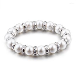Charm Bracelets Fashion Women Girls White Beads Bracelet Circle Stainless Steel Link Ball 10mm Pearl Pulseras Jewellery