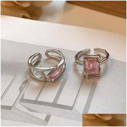 Band Rings Korean Elegant Cute Pink Square Zircon Ring For Women Girls Fashion Metal Butterfly Finger Jewelry Drop Delivery Dho69