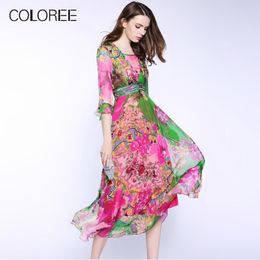 Dress 100% Natural Silk Dresses 2023 Womens High Quality Half Sleeve Floral Print Bohemian Summer Beach Dress Female Vestidos