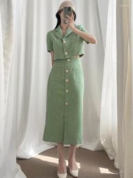 Two Piece Dress Fashionable Elegant Lapel Thin Tweed Green Small Suit Short Jacket High Waist Chic Button Slim Skirt Two-Piece Set Y426