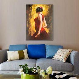 Textured Canvas Art Figurative Realism Flamingo Dancer Spanish Dancing Passion Hand Painted Oil Artwork for Zen Space Decor