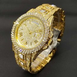 Wristwatches Full Iced Out Watch for Men Luxury Gold Hip Hop Diamond Quartz Mens Watches Waterproof Day Date Clock Best Selling Product 230602