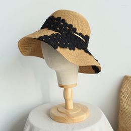 Wide Brim Hats Handmade Women Summer Sun Hat Beach Straw Black White Lace Ribbon Cap Foldable Flat Girls Outdoor