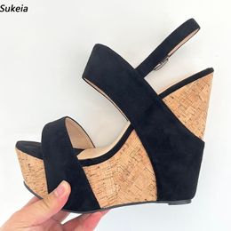 Sukeia 2023Handmade Women Platform Sandals Wedges Heels Round Toe Elegant Black Party Shoes Ladies US Plus Size 5-20