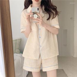 Women's Sleepwear Korean Plaid Summer Home Suit Women Cotton Linen Sweet Pyjamas Set Ins Short Sleeve Blouse Shorts Homewear