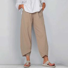 Pants Capris Women's cotton linen harem retro printed wide leg Trousers casual solid pockets Harajuku high waist pocket pants joggers P230602