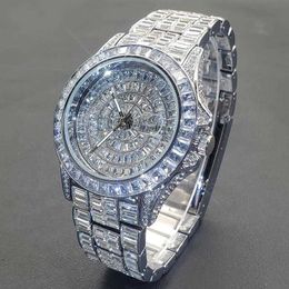 Wristwatches Full Iced Out Watches for Men Luxury Handmade Mosaic Diamond Silver Steel Watch Fashion Hip Hop Automatic Date Male Clock 230602