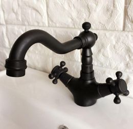 Bathroom Sink Faucets Black Oil Rubbed Brass Swivel Spout Double Cross Handles Kitchen Bar Vessel Basin Faucet Mixer Tap Anf346