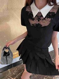 Two Piece Dress designer 2023 Summer New Sweet Cool Set Lace Letter Flocking Short Sleeve Top 100 Pleated Half Skirt for Women TNYM