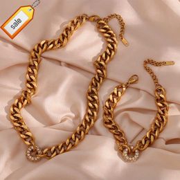 Vintage Chunky Gold Plated Cuban Chain Micro Insert Zircon Hoop Charm Necklace Tarnish Free Stainless Steel Design Necklace