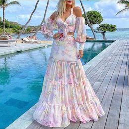 Casual Dresses Cutubly 2023 Summer Pink Birthday Dress For Women Sexy Lace Up Slim Fit Printing Halter Strap Large Swing Long Skirt