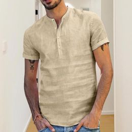 Men's Casual Shirts Men Summer Shirt Solid Color Stand Collar Button Short Sleeves Thin Top Daily Wear Slim Fit V Neck Clothing