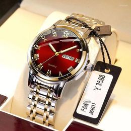 Wristwatches Authentic Red Men's Wrist Watch Super Fashion Full Stainless Steel Watches Business Man Waterproof Calendar Clock Hour