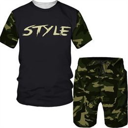 Tracksuits Summer 3D Tactical Camo Men's Peach Indian Equipment Casual T-shirt Short Sleeve 2-Piece Fashion Sportswear Printing P230603