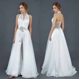 Halter Chiffon Stain Bridal Jumpsuit with Overskirt Train Modest Fairy Beaded Crystal Belt Beach Country Wedding Dress Jumpsuit292Y