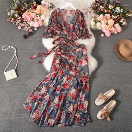 Work Dresses Bugilaku Flower Printed Vintage Elegant Summer 2 Piece Sets Womens Outfits V-neck Lace Up Temperament Tops Folds Bodycon Skirts