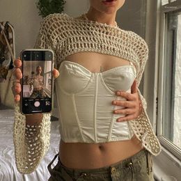 Women's T Shirts Doury Harajuku Knitted Crop Top Hollow Out Long Sleeve Shirt Women Aesthetic Vintage Crochet Cover-ups Tees Y2k Streetwear