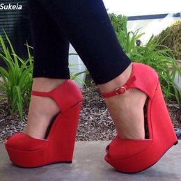 Sukeia Stylish Women Platform Sandals Red Wedges Heels Sandals Peep Toe Pretty Red Party Shoes Ladies US Size 5-20