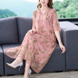 Dresses 2022 Fashion Embroidered Lace Mesh Dress Women Romantic Floral Embroidery Pink Party Short Sleeve Elegant Summer Long Dress