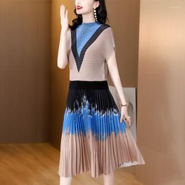 Work Dresses Miyake Pleated Chic Niche 2 Piece Set Women Outfit :Summer Short Sleeve Turtleneck Tshit High Waist Printed Midi Skirt Woman