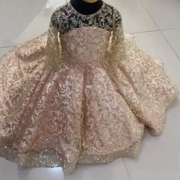 Girl's Dresses Sparkly Champagne Girls Pageant Sequined Ball Gown Flower Girl Dress For Wedding Long Sleeves First Communion 230602