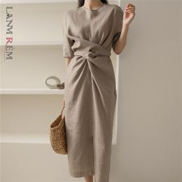 Dresses Lanmrem Women's Clothing Summer Short Sleeves Cotton Linen Khaki Irregular Dress Bow Decoration Pockets 2023 New Arrivals 2c2029