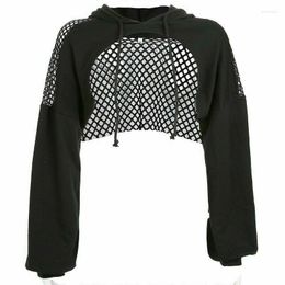 Women's Hoodies Streetwear Girl Fishnet Patchwork Women Sexy See Through Mesh Long Sleeve Pullovers Crop Sweatshirts