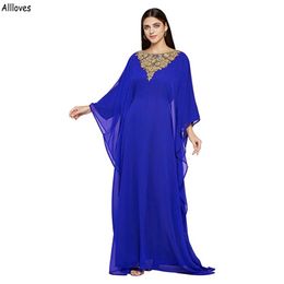 Moroccan Kaftan Middle East Abaya Prom Dresses Royal Blue Chiffon Long Sleeves Gold Embellishment Formal Events Party Gowns Dubai Arabic Evening Maxi Dress CL2354