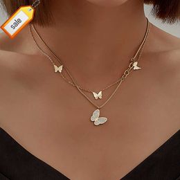 Elegant Ornament Double Layered Women Fashion Shell Stainless Steel Butterfly Pendant Necklace