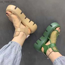 Sandals Women 2022 Summer New Fashion Thick-bottomed Breathable Eugene Yarn Mesh Magic Paste Roman Sandals Hook Loop L230518