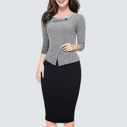 Dress Casual Patchwork Work Office Lady Dress Spring Autumn Elegant Sexy Cut Out Business Pencil Dress Hb500