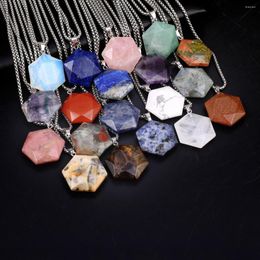 Pendant Necklaces Natural Stone Hexagonal Stainless Steel Chain Necklace Reiki Crystal Agate Tiger Eye Jewelry Charm Gift 28x28mm