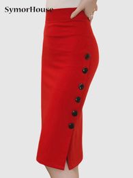 Dresses 2023 Summer Fashion Women Work Midi Skirt Ol Sexy Open Slit Button Slim Pencil Skirt Elegant Office Ladies Skirts Red Black