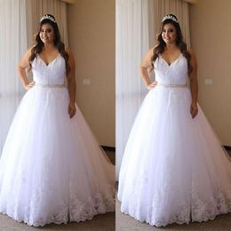 2022 Lace Plus Size Wedding Dress Ball Gown V-neck Spaghetti Applique Beaded Waist Bridal Party Dress Wedding Gowns Vestidos De No2424