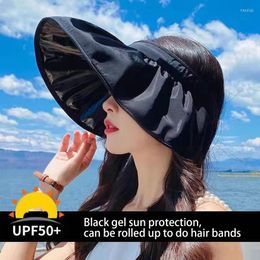 Wide Brim Hats Upgraded Version Of Black Glue Sunscreen Empty Top Hat For Women'S Sunshade Shopping Shell Foldable Sun