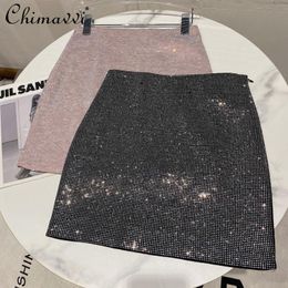 Dresses 2022 Winter New Female Fashion Elegant Rhinestone Shiny Nightclub Short Skirt Women's High Street Solid Slim Fit Sheath Skirt