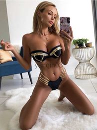 Women's Swimwear Black Bandage Swimsuit 2021 Sexy Brazilian Bikini Push Up Swimwear Women Micro Bikinis Plus Size Beachwear Shiny Gold Beachwear J230603