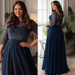 2023 Marineblaue Perlen-Abschlussballkleider in Übergröße, Bateau-Ausschnitt, A-Linie, lange Ärmel, Abendkleider, bodenlanges formelles Chiffon-Kleid