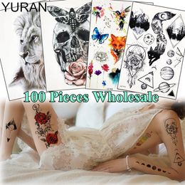 Tattoos YURAN 100 Pieces Wholesale Water Transfer Fake Tattoo Temporary Lion Skull Body Art Tattoo Stickers For Men Women Arm Leg Tatoos