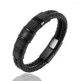 Link Bracelets Leisure Fashion Men's Bracelet Black Genuine Leather Hand-Woven The Cuff Rope Chain Stainless Steel Magnetic Clasp