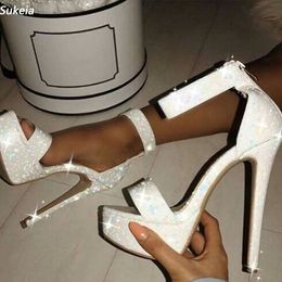 Sukeia Handmade Women Summer Ankle Strap Glitter Shiny Sandals Open Toe Fabulous White Party Shoes Ladies US Size 5-20