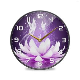 Wall Clocks Purple Flower Print Modern Acrylic Clock Round Silent Non-ticking Hanging Watch For Living Room Bedroom Kitchen Home Decor