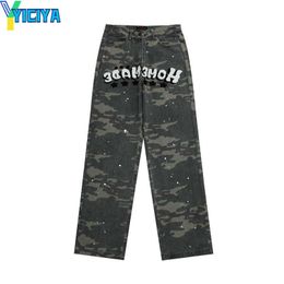 YICIYA Letter Embroidery Painted Camouflage Denim Cargo Pants Men and Women Straight Baggy Pockets Jeans Trousers