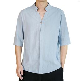 Men's Casual Shirts Men Shirt Long Vintage Collar Cotton Linen Short Sleeved Men'S Tang Style Plate Buckle Corduroy Pants
