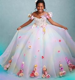 Colourful Beaded Flower Dresses Ball Gown Tulle V-Neck Vintage Little Girl Peageant Dress Gowns Zj411 407