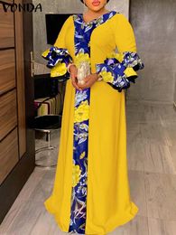 Dresses Vonda Bohemian Long Dress Vintage Printed Maxi Robe Femme 2023 Fashion Patchwork 3/4 Flare Sleeve Casual Holiday Party Vestidos