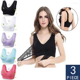 Yoga Outfit Sexy Fitness Vest Lace Seamless Bra Women Underwear Gathered Bralette Cross Side Buckle Wireless Brassiere Sleep Lingerie 3Pc