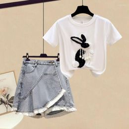 Women's Tracksuits Summer Celebrity Fried Street Outfits 2023 Design Sense Niche Short Sleeved T-shirt Denim Skirt Two-piece Set For Women