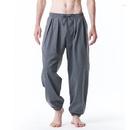 Men's Pants 2023 Spring And Autumn European American Fashion Striped Cotton Linen Drawstring Foot Harem Casual Men's